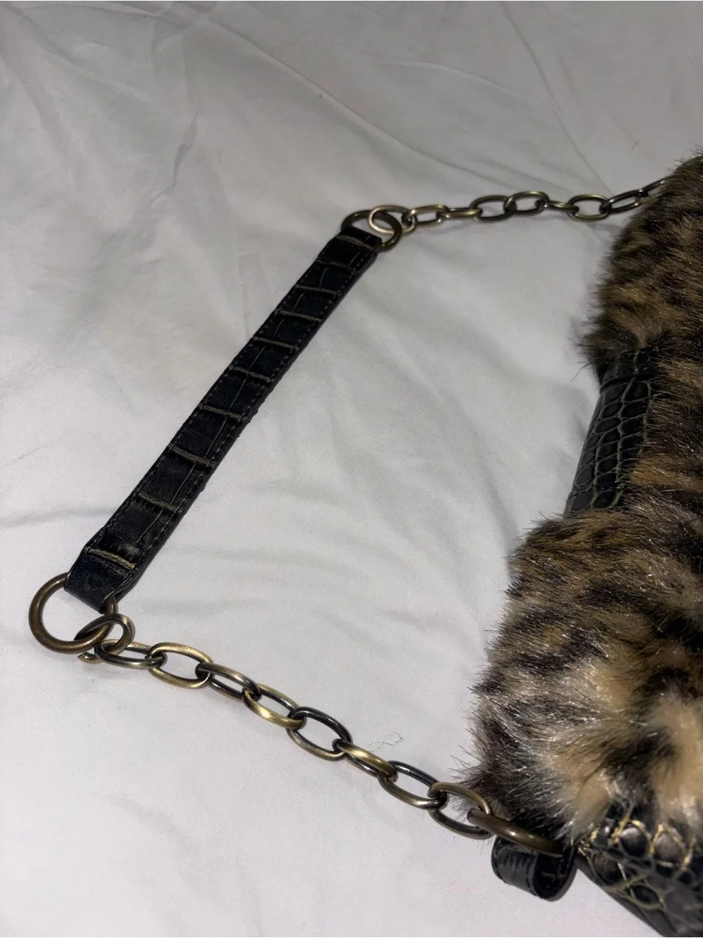MX Leopard Faux Fur Chain Shoulder Bag - Brown